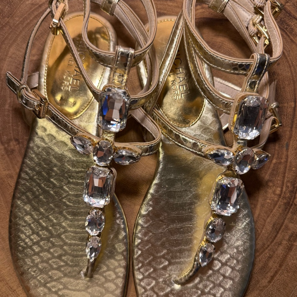 Michael Kors Gold Sandals with Crystal Accents